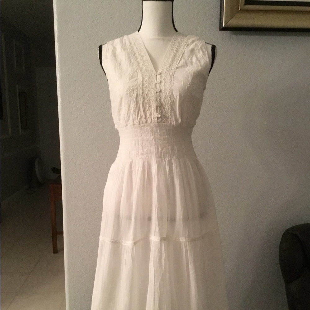 White  Midi Sleeveless elastic waist cotton dress